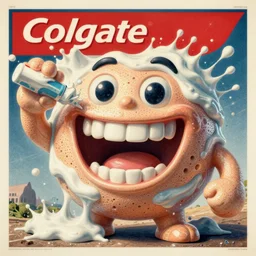 Colgate creature with a big smile, toothpaste blast, 3D physical tactile illustration vintage, toothpaste advertisement poster printed CMYK ink colored lithography, big smiling perfect teeth shiny porous skin, fluid toothpaste covering everything