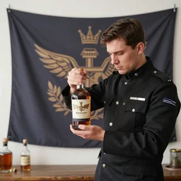 a tapestry of a man in a uniform observing the sealing of a very important bottle of spirits