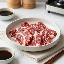 realistic photo of delicious yakiniku, bowl, soja, white kitchen table, cloth, marble, highly detailed, by louise lister, sara ali, mary devinat, kailee mandel, masterpiece, award winning, food photography