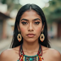 beautiful female portrait, taino, rule of thirds, ( ( head shot ) ) haze, intricate, puerto rico, symmetrial, makeup, sephora, octane render, mascara, film grain, vsco, bokeh, 8 k, karol bak, unreal engine