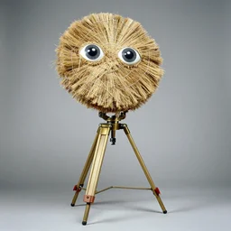 realistic photo of a a modern brushwood and straw astronomy archeology scientific equipment gadget object made of brushwood, covered with eyes, a tripod is made of brass, by dieter rams 1 9 9 0, life magazine reportage photo, natural colors, metropolitan museum collection