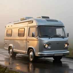 parked retro futuristic vintage polished motorhome, fog, rain, volumetric lighting, beautiful, golden hour, sharp focus, highly detailed, cgsociety