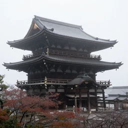 detailed photo of a Japanese temple in the morning with mist around the ground, cinematic, golden ratio, beautiful, high detail