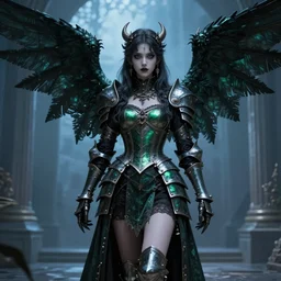 angel knight gothic girl in dark and green dragon armor, metallic miniskirt and blouse. by gaston bussiere, by rembrandt, 1 6 6 7, artstation trending, blue light, by konstantin razumov *