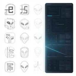 large alien glyphs bold hierarchical outline diagram with contrasting overlay panel showing well designed futuristic software user interface for movie, great composition and information design, concept art, cinematic, trending on artstation, 4 k