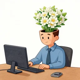 a perfect intricate cartoon colour drawing of a man at a desk, his head has burst open and a bouquet of dogs and frankfurters has erupted from his shattering skull. he is coated in one inch thick foaming saliva. perfect studio lighting.