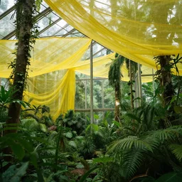 interior shot of a crystalline glass house with translucent yellow mesh tarps in a dense jungle