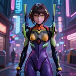 lain iwakura from serial experiments lain wearing skintight eva plugsuit inspired by evangelion in cyberpunk city night neon street wonderful masterpiece highly detailed scifi, cute amber eyes beautiful volumetric lighting, elegant, sharp focus, ultra realistic, 4 k art by greg rutkowski wlop cables, piping, concept art, cybernetic, intricate detail octane render cute amber eyes