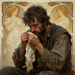 Epic portrait A sad homeless man tearing up, sad, dirty clothes, beard, tears, digital painting, artstation, concept art, soft light, hdri, smooth, sharp focus, illustration, fantasy, intricate, elegant, highly detailed, D&D, matte painting, in the style of Greg Rutkowski and Alphonse Mucha and artemisia, 8k, highly detailed, jurgens, rutkowski, bouguereau, pastoral, rustic, georgic