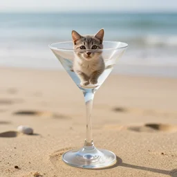 photo of a glass of martini with a small cat inside the glass, on the beach