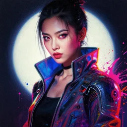 a cyberpunk with beautiful eyes wearing futuristic clothing, defiant, passionate, spotlight, paint drips, paint splatter, vibrant colors, dramatic, canvas texture, futuristic clothing, glitch art by carl dobsky and jeremy mann