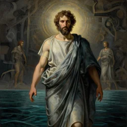 portrait of Pythagoreans primeval waters, dynamic lighting, cinematic, establishing shot, extremely high detail, photo realistic, cinematic lighting, oil painting, intricate line drawings