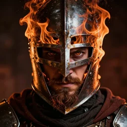 face portrait of a medieval knight, fiery, helmet, piercing eyes, stern, beard, scary smile, intense, dramatic, 8 k studio photo