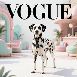 vogue photoshoot octane render of dalmatian dog with white background, focus bright colorful pastel exotic vintage boutique hotel lounge, very short depth of field, bokeh