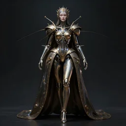 biomechanical queen, infinite detail, full shot, smooth, sharp focus, illustration, rembrandt lighting, dark mood, mysterious, concept art, unreal engine 5, 8 k, art by roger dean and leonardo da vinci