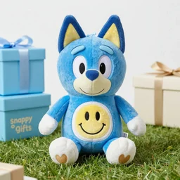 blue'snappy gifts'plush doll with smiley face on grass, gifts, happy atmosphere, high detail, soft lighting, 8 k