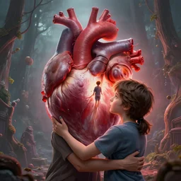 epic masterpiece of cinematographic hyperrealism where a heart of love appears inside the heart there is a mother hugging her son. realistic shaded lighting poster by craig mallismo, artgerm, jeremy lipkin and michael garmash, unreal engine, radiant light, detailed and intricate environment, digital art, art station trends