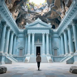 pov one man walking in a giant ancient neoclassical building, light blue troglodyte temples in a deep pit, high quality, by andrei rublev