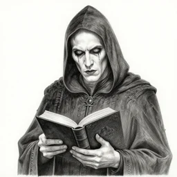 a portrait of the cript keeper a with a book, dark fantasy, horror, tales from the crypt, ultrafine detailed pencil art on paper by frank frazetta and vito acconci and and takeshi obata, death note style, messy hair, short haircut, symetric body, cgsociety, sharp focus, detailed face