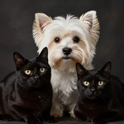 a maltese dog and a black cat taking a selfie