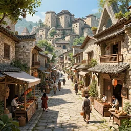 ultra realistic illustration and highly detailed digital render of a intricate busy street inside a ancient 1 5 th century stone village, natural stone road, asian style vendors, elegant, fractal architecture, european architecture, 1 6 th century architecture, highly detailed, insanely detailed, sharp focus, vibrant and vivid, smooth, cinematic, high contrast, hdr, 4 k, trending on artstation, archviz, unreal engine, hyperrealistic, dof