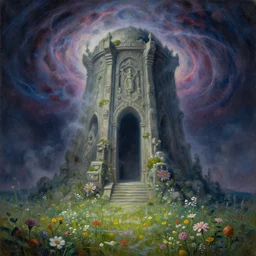 a beautiful painting of a giant druid shrine shrouded by mystic nebula magic in a field of flowers by moebius and android jones, oil on canvas sharp, details, hyper - detailed, hd, hdr, 4 k, 8 k