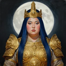 painting of plus size mongolian priestess of the moon, golden filigree armor and tiara, moon above head, dark blue straight hair, smooth translucent skin, wide striking eyes, beautiful! coherent! by brom, by brian froud, strong line, high contrast, muted color, 4 k, trending on artstation