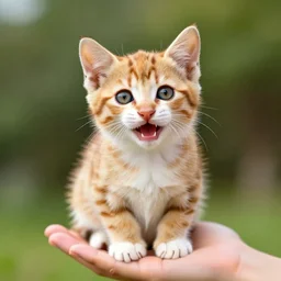 beautiful photo of an adorable kitten sitting in a human hand. the colors are very vibrant and the cat looks very happy. vibrant colors, very funny, personal, positive, visually pleasing and engaging. high resolution. high quality. hq hd. trending on artstation.