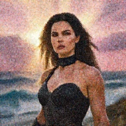 Mila Kunis wearing black choker, epic portrait of a very strong muscled Amazon heroine, sun beams across sky, pink golden hour, stormy coast, intricate, elegance, highly detailed, shallow depth of field, epic vista, concept art, art by Artgerm and Donato Giancola, Joseph Christian Leyendecker