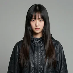 ektachrome, youthful asian demure, exquisite features, feminine cut, frontiers in flight leather hazmat suit, a. rrajani