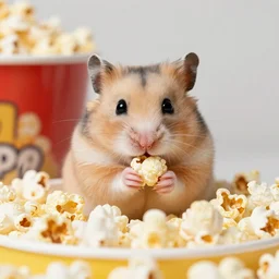 photo of a hamster, full cheeks, eating popcorn from a bucket of popcorn, various poses, unedited, soft light, sharp focus, 8 k