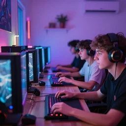 a close up, colored, teenager room photograph of a group of gamer having a lan party with lofi lightning, wide angle lens, soft focus, artstation