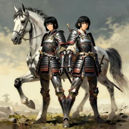 portrait full body two girl walkyrie japanese medieval samurai armor cyborg by gaston bussiere, anna nikonova aka newmilky, greg rutkowski, yoji shinkawa, yoshitaka amano, tsutomu niehi, moebius, donato giancola, geoffroy thoorens, concept art, trending on artstation, featured on pixiv, cinematic composition, 8 k