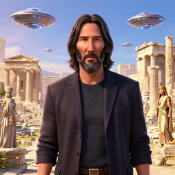 Pixar movie about an Keeanu Reaves invasion of Ancient Athens, UFOs, portrait, intricate, 8k highly professionally detailed, HDR, CGsociety