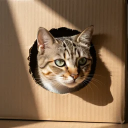 cat sticking his head out of a small hole in a cardboard box