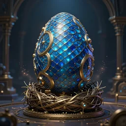 symmetric ！ a steampunk manufactured mystical canal blue egg by precision machinery covered with huge electroplated squama ， in the magic nest, magic light dust,, intricate. dim lighting, unreal engine 5, concept art ， by greg rutkowski, loish, highly rendered, digital painting, artstation, artstation hq