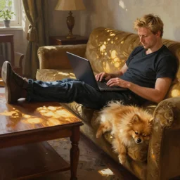 blond man sitting on sofa with laptop on knees, big table near sofa, pomeranian dog sleeping by his side, close up, rich cozy interiors, spatious room, legs on the table, digital painting, hyperrealistic, natural light, volumetric golden dappled dynamic lighting, highly detailed, sharp focus, elegant, by michael komarck, greg rutkowski