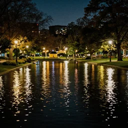 park drowned in water with lots of lights at night