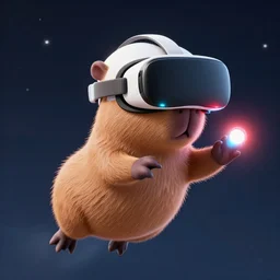 Capybara flying around in VR helmet in space holding cyan and red light swords, with a background of nebula and asteroids
