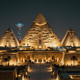 ancient egyptian city showing futuristic alien pyramids, cinematic night lights, trending on artstation, 50mm, by Noah Bradley