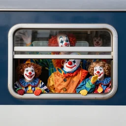 a train full of clowns in the windows
