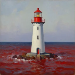 an oil painting of a lighthouse overlooking a blood ocean