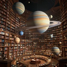 professional digital art of a huge library filled with floating ringed planets, fantasy, high quality, hd, 4 k, 8 k