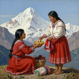 a beautiful painting of an incan woman exchanging food and fabrics at the top of a mountain with another woman, highly detailed, art by christophe vacher