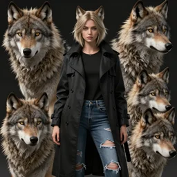 female anthropomorphic wolf dressed in a buttoned up black trench coat and ripped jeans trending on artstation deviantart pinterest furaffinity hyper detailed and intricate hyper maximalist hyper realistic photorealistic highlights and shadow ray traced ultra - hd 3 2 k post - processing super high resolution
