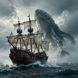 wild ocean storm, old wooden pirate ship gets pulled down by giant kraken, appearing from fog, mist, dramatic lighting, cinematic, establishing shot, extremly high detail, foto realistic, pirates of the carribean, cinematic lighting, post processed, concept art, artstation, matte painting, style by eddie mendoza, raphael lacoste, alex ross