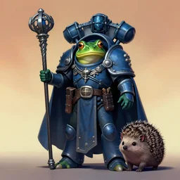 full character potrait of genetic combination between frog & hedgehog & cat & human, holding a ceremonial staff, wearing a cloak, zdzislaw beksinski, lewis jones, dariusz zawadzki, wayne barlow, warhammer fantasy, cold hue's, warm tone gradient background, concept art, 4 k, ultra - high - definition