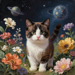 An epic fantastic realism comic book style painting of a cute brown black and white kitten surrounded by beautiful flowers  in space, bouquets, unreal 5, hyperrealistic, octane render, dynamic lighting