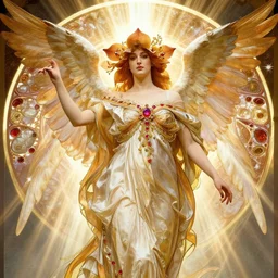 a beautiful orchid phoenix angel woman, in an ornamented dress with large, volumetric light, god rays, 8 k high resolution, rubies, by alphonse mucha, artgerm, greg rutkowski