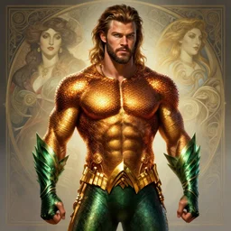 chris hemsworth as aquaman, muscular, fantasy, intricate, elegant, highly detailed, digital painting, artstation, concept art, smooth, sharp focus, illustration, art by artgerm and greg rutkowski and alphonse mucha
